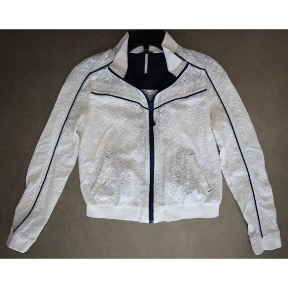 Free People Women Sz S White/Navy Trim Embroidered Eyelet Full Zip Track Jacket - Picture 1 of 9